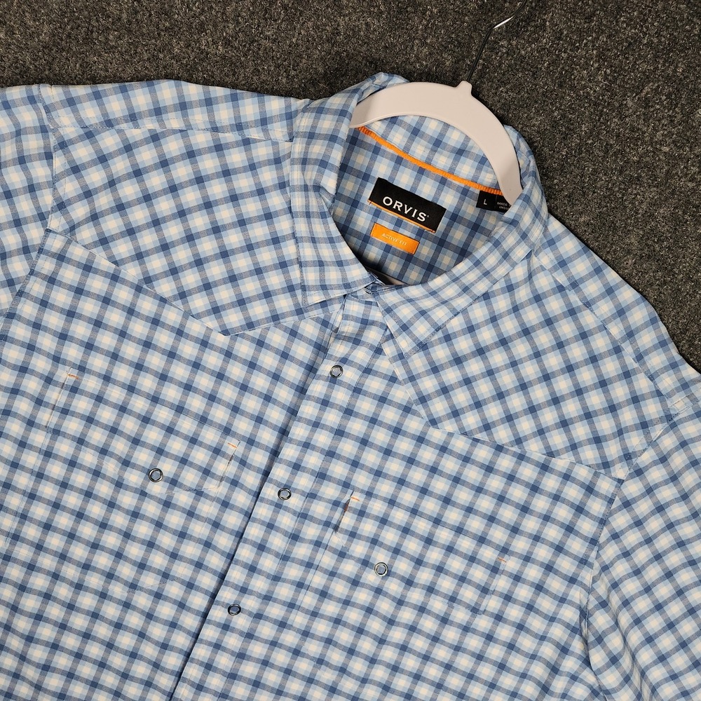 Orvis Active Fit Button Down Shirt Mens Large Blue Gingham Check Performance